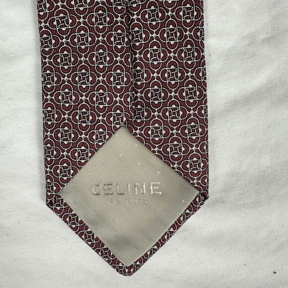 Céline Paris Men's Tie 100% Silk Handmade In France Burgundy White L58 W3 - Picture 11 of 14